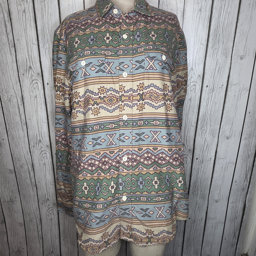 Men's Long-Sleeve Patterned Button-Up Shirt - Green & Blue